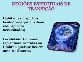 Habitantes: Espíritos
benfeitores que auxiliam
aos Espíritos
necessitados;

Localidade: Colônias
espirituais inseridas no
Umbral, quais se fossem
oásis no deserto.
 