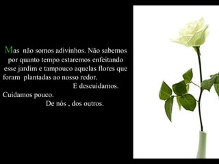 MMas não somos adivinhos. Não sabemosas não somos adivinhos. Não sabemos
por quanto tempo estaremos enfeitandopor quanto tempo estaremos enfeitando
esse jardim e tampouco aquelas flores queesse jardim e tampouco aquelas flores que
foram plantadas ao nosso redor.foram plantadas ao nosso redor.
E descuidamos.E descuidamos.
Cuidamos pouco.Cuidamos pouco.
De nós , dos outros.De nós , dos outros.
 