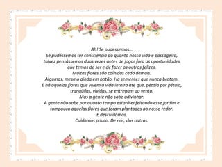 Ah! Se pudéssemos…
Se pudéssemos ter consciência do quanto nossa vida é passageira,
talvez pensássemos duas vezes antes de jogar fora as oportunidades
que temos de ser e de fazer os outros felizes.
Muitas flores são colhidas cedo demais.
Algumas, mesmo ainda em botão. Há sementes que nunca brotam.
E há aquelas flores que vivem a vida inteira até que, pétala por pétala,
tranqüilas, vividas, se entregam ao vento.
Mas a gente não sabe adivinhar.
A gente não sabe por quanto tempo estará enfeitando esse jardim e
tampouco aquelas flores que foram plantadas ao nosso redor.
E descuidamos.
Cuidamos pouco. De nós, dos outros.

 