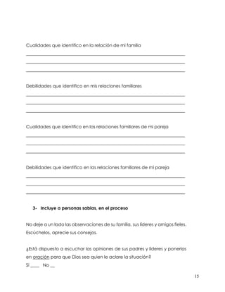 15
Cualidades que identifico en la relación de mi familia
________________________________________________________________________
________________________________________________________________________
________________________________________________________________________
Debilidades que identifico en mis relaciones familiares
________________________________________________________________________
________________________________________________________________________
________________________________________________________________________
Cualidades que identifico en las relaciones familiares de mi pareja
________________________________________________________________________
________________________________________________________________________
________________________________________________________________________
Debilidades que identifico en las relaciones familiares de mi pareja
________________________________________________________________________
________________________________________________________________________
________________________________________________________________________
3- Incluye a personas sabias, en el proceso
No deje a un lado las observaciones de su familia, sus líderes y amigos fieles.
Escúchelos, aprecie sus consejos.
¿Está dispuesto a escuchar las opiniones de sus padres y líderes y ponerlas
en oración para que Dios sea quien le aclare la situación?
Sí ____ No __
 