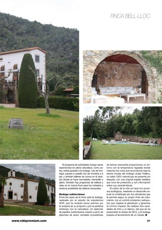 www.vidapremium.com	 57
Finca Bell-lloc
El programa de actividades incluye varias
experiencias en plena naturaleza, como ca-
tas, visitas guiadas a la bodega, ruta de eno-
logía, paseos a caballo, bici de montaña o a
pie, y también talleres de cocina en el obra-
dor donde se hace mermelada, membrillo o
jabón. También hay programas de belleza y
relax en la misma finca para los invitados y
existe la posibilidad de celebrar banquetes.
Bodega subterránea
Entre las joyas de la finca está la bodega,
realizada por el estudio de arquitectura
RCR, que ha recibido varios premios por
la audacia de su proyecto y por la perfecta
simbiosis con la naturaleza. Un laberinto
de pasillos subterráneos creado a partir de
planchas de acero reciclado procedentes
de barcos mercantes proporcionan un en-
torno con la temperatura regulada donde
maduran los vinos que se producen bajo la
atenta mirada del enólogo Josep Trallero,
un caldo 100% natural que se presenta sin
etiqueta, con una original argolla metálica
que sirve de protección y con información
sobre sus características.
El cultivo de la viña se hace con proce-
sos ecológicos, mediante un desarrollo na-
tural no modificado por los viticultores que
le permite seguir su propio ritmo de creci-
miento, con un control constante y exhaus-
tivo que respeta la plantación y garantiza
el mínimo impacto. Se realizan dos varie-
dades de tinto y un blanco, del que se ha
presentado la añada de 2012, y la bodega
prepara el lanzamiento de un rosado. ●
 