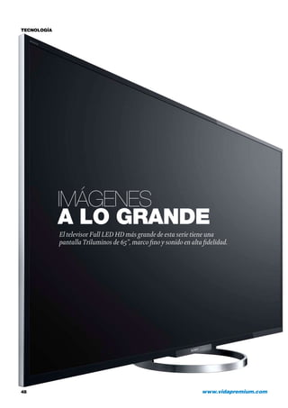 TECNOLOGÍA

Imágenes
a lo grande
El televisor Full LED HD más grande de esta serie tiene una
pantalla Triluminos de 65”, marco fino y sonido en alta fidelidad.

48	

www.vidapremium.com

 