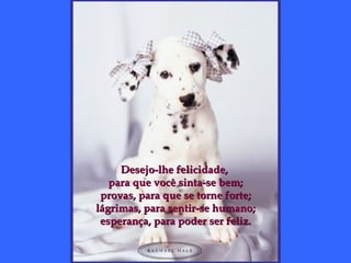 Desejo-lhe felicidade,  para que você sinta-se bem; provas, para que se torne forte; lágrimas, para sentir-se humano; esperança, para poder ser feliz. 