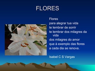 FLORES <ul><li>Flores </li></ul><ul><li>para alegrar tua vida </li></ul><ul><li>te lembrar de sorrir </li></ul><ul><li>te ...