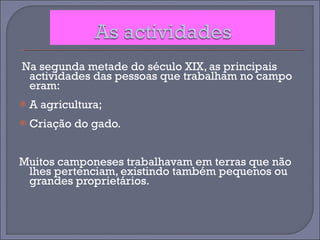 Na segunda metade do século XIX, as principais actividades das pessoas que trabalham no campo eram: A agricultura; Criação do gado. Muitos camponeses trabalhavam em terras que não lhes pertenciam, existindo também pequenos ou grandes proprietários. 