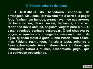 O Mundo coberto de penas
O MULUNGU do bebedouro cobria-se de
arribações. Mau sinal, provavelmente o sertão ia pegar
fogo. Vinham em bandos, arranchavam-se nas arvores
da beira do rio, descansavam, bebiam e, como em
redor não havia comida, seguiam viagem para o sul. O
casal agoniado sonhava desgraças. O sol chupava os
poços, e aquelas excomungadas levavam o resto da
água, queriam matar o gado. Sinhá Vitoria falou assim,
mas Fabiano resmungou, franziu a testa, achando a
frase extravagante. Aves matarem bois e cabras, que
lembrança! Olhou a mulher, desconfiado, julgou que
ela estivesse tresvariando.
 
