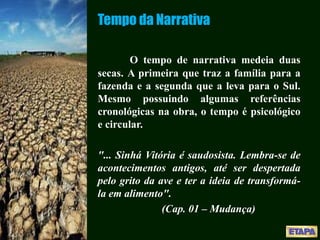 Tempo da Narrativa
O tempo de narrativa medeia duas
secas. A primeira que traz a família para a
fazenda e a segunda que a leva para o Sul.
Mesmo possuindo algumas referências
cronológicas na obra, o tempo é psicológico
e circular.
"... Sinhá Vitória é saudosista. Lembra-se de
acontecimentos antigos, até ser despertada
pelo grito da ave e ter a ideia de transformá-
la em alimento".
(Cap. 01 – Mudança)
 