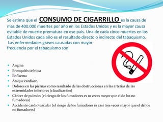Se estima que el  CONSUMO DE CIGARRILLO es la causa de más de 400.000 muertes por año en los Estados Unidos y es la mayor causa evitable de muerte prematura en ese país. Una de cada cinco muertes en los Estados Unidos cada año es el resultado directo o indirecto del tabaquismo. Las enfermedades graves causadas con mayor frecuencia por el tabaquismo son:AnginaBronquitis crónicaEnfisemaAtaque cardiaco.Dolores en las piernas como resultado de las obstrucciones en las arterias de las extremidades inferiores (claudicación)Cáncer de pulmón (el riesgo de los fumadores es 10 veces mayor que el de los no fumadores)Accidente cardiovascular (el riesgo de los fumadores es casi tres veces mayor que el de los no fumadores)