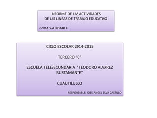 INFORME DE LAS ACTIVIDADES 
DE LAS LINEAS DE TRABAJO EDUCATIVO 
-VIDA SALUDABLE 
CICLO ESCOLAR 2014-2015 
TERCERO “C” 
ESCUELA TELESECUNDARIA “TEODORO ALVAREZ 
BUSTAMANTE” 
CUAUTILULCO 
RESPONSABLE: JOSE ANGEL SILVA CASTILLO 
 
