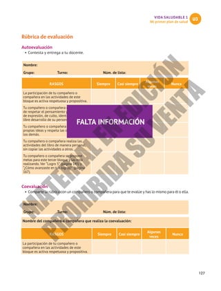 127
VIDA SALUDABLE 1
Mi primer plan de salud
U3
Rúbrica de evaluación
Autoevaluación
•	Contesta y entrega a tu docente.
Nombre:						
Grupo:	 Turno:	 Núm. de lista:
RASGOS Siempre Casi siempre
Algunas
veces
Nunca
La participación de tu compañero o
compañera en las actividades de este
bloque es activa respetuosa y propositiva.
Tu compañero o compañera da muestra
de respetar el pensamiento y la libertad
de expresión, de culto, identidad sexual, y
libre desarrollo de su personalidad.
Tu compañero o compañera expone sus
propias ideas y respeta las opiniones de
los demás.
Tu compañero o compañera realiza las
actividades del libro de manera personal,
sin copiar las actividades a otros.
Tu compañero o compañera se propone
metas para este tercer bloque y las está
realizando. Ver “Logro 5” (página 145) y
“¿Cómo avanzaste en tus logros?” (página
167).
Coevaluación
•	Comparte la rúbrica con un compañero o compañera para que te evalúe y has lo mismo para él o ella.
Nombre:						
Grupo:	 Turno:	 Núm. de lista:
Nombre del compañero o compañera que realiza la coevaluación:
RASGOS Siempre Casi siempre
Algunas
veces
Nunca
La participación de tu compañero o
compañera en las actividades de este
bloque es activa respetuosa y propositiva.
FALTA INFORMACIÓN
M
A
T
E
R
I
A
L
E
N
E
D
I
C
I
Ó
N
P
R
O
H
I
B
I
D
A
S
U
V
E
N
T
A
 