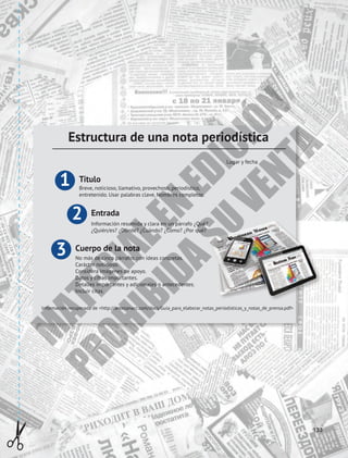 133
Estructura de una nota periodística
Lugar y fecha
Título
Breve, noticioso, llamativo, provechoso, periodístico,
entretenido. Usar palabras clave, Nombres completos.
1
Entrada
Información resumida y clara en un párrafo ¿Qué?
¿Quién/es? ¿Dónde? ¿Cuándo? ¿Cómo? ¿Por qué?
2
Cuerpo de la nota
No más de cinco párrafos con ideas concretas.
Carácter noticioso.
Considera imágenes de apoyo.
Datos y cifras importantes.
Detalles importantes y adicionales o antecedentes.
Incluir citas.
3
Información recuperada de <http://antezanacc.com/docs/Guia_para_elaborar_notas_periodisticas_y_notas_de_prensa.pdf>
M
A
T
E
R
I
A
L
E
N
E
D
I
C
I
Ó
N
P
R
O
H
I
B
I
D
A
S
U
V
E
N
T
A
 