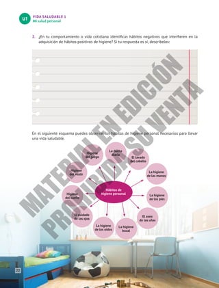 VIDA SALUDABLE 1
Mi salud personal
U1
2.	 ¿En tu comportamiento o vida cotidiana identificas hábitos negativos que interfieren en la
adquisición de hábitos positivos de higiene? Si tu respuesta es sí, descríbelos:
En el siguiente esquema puedes observar los hábitos de higiene personal necesarios para llevar
una vida saludable. 	
Hábitos de
higiene personal
La ducha
diaria
El lavado
del cabello
La higiene
de las manos
La higiene
de los pies
El aseo
de las uñas
La higiene
bucal
La higiene
de los oidos
El cuidado
de los ojos
Higiene
del sueño
Higiene
del vestir
Higiene
del juego
22
M
A
T
E
R
I
A
L
E
N
E
D
I
C
I
Ó
N
P
R
O
H
I
B
I
D
A
S
U
V
E
N
T
A
 