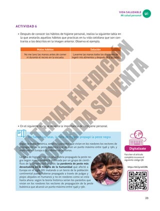 23
VIDA SALUDABLE
Mi salud personal
U1
Digitalízate
Para leer el artículo
completo escanea el
siguiente código QR.
https://bit.ly/2KEZ8lL
ACTIVIDAD 6
•	Después de conocer los hábitos de higiene personal, realiza la siguiente tabla en
la que anotarás aquellos hábitos que practicas en tu vida cotidiana que son con-
trarios a los descritos en la imagen anterior. Observa el ejemplo.
Malos hábitos Solución
No me lavo las manos antes de comer
ni durante el recreo en la escuela.
Lavarme las manos todos los días antes de
ingerir mis alimentos y después de ir al baño.
•	En el siguiente texto se observa la importancia de la higiene personal.
No fueron las ratas, la falta de higiene propagó la peste negra
Según la teoría histórica, serían los parásitos que vivían en los roedores los vectores de
propagación de la peste bubónica que alcanzó un punto máximo entre 1346 y 1361, y
mató sólo en Europa a 25 millones de personas.
La falta de higiene y no las ratas habría propagado la peste ne-
gra según nueva evidencia publicada por un grupo de cientí-
ficos de la Universidad de Oslo. La pandemia de peste más
devastadora en la historia de la humanidad que afectó a
Europa en el siglo XIV matando a un tercio de la población
continental puede haberse propagado a través de pulgas y
piojos alojados en humanos y no en roedores como se creía
hasta ahora: según la teoría histórica serían los parásitos que
vivían en los roedores los vectores de propagación de la peste
bubónica que alcanzó un punto máximo entre 1346 y 1361.
M
A
T
E
R
I
A
L
E
N
E
D
I
C
I
Ó
N
P
R
O
H
I
B
I
D
A
S
U
V
E
N
T
A
 