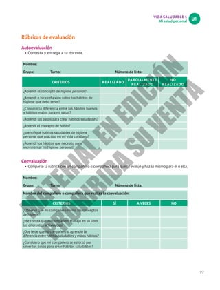 VIDA SALUDABLE 1
Mi salud personal
U1
27
Rúbricas de evaluación
Autoevaluación
•	Contesta y entrega a tu docente.
Nombre:						
Grupo: Turno: Número de lista:
CRITERIOS REALIZADO
PARCIALMENTE
REALIZADO
NO
REALIZADO
¿Aprendí el concepto de higiene personal?
¿Aprendí e hice reflexión sobre los hábitos de
higiene que debo tener?
¿Conozco la diferencia entre los hábitos buenos
y hábitos malos para mi salud?
¿Aprendí los pasos para crear hábitos saludables?
¿Aprendí el concepto de hábito?
¿Identifiqué hábitos saludables de higiene
personal que practico en mi vida cotidiana?
¿Aprendí los hábitos que necesito para
incrementar mi higiene personal?
Coevaluación
•	Comparte la rúbrica con un compañero o compañera para que te evalúe y haz lo mismo para él o ella.
Nombre:						
Grupo: Turno: Número de lista:
Nombre del compañero o compañera que realiza la coevaluación:
CRITERIOS SÍ A VECES NO
¿Observé que mi compañero revisó los conceptos
de higiene?
¿Me consta que mi compañero trabajó en su libro
las diferentes actividades?
¿Doy fe de que mi compañero sí aprendió la
diferencia entre hábitos saludables y malos hábitos?
¿Considero que mi compañero se esforzó por
saber los pasos para crear hábitos saludables?
M
A
T
E
R
I
A
L
E
N
E
D
I
C
I
Ó
N
P
R
O
H
I
B
I
D
A
S
U
V
E
N
T
A
 