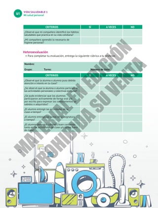 VIDA SALUDABLE 1
Mi salud personal
U1
28
CRITERIOS SÍ A VECES NO
¿Observé que mi compañero identificó los hábitos
saludables que practica en su vida cotidiana?
¿Mi compañero aprendió lo necesario de
higiene personal?
Heteroevaluación
•	Para completar tu evaluación, entrega la siguiente rúbrica a tu profesor.
Nombre:						
Grupo: Turno: Número de lista:
CRITERIOS SÍ A VECES NO
¿Observé que la alumna o alumno puso debida
atención e interés en la clase?
¿Se observó que la alumna o alumno participó en
las actividades personales y colectivas en clase?
¿Se pudo evidenciar que los alumnos
participaron activamente de forma oral y/o
por escrito para expresar los conocimientos ya
sabidos o adquiridos?
¿El alumno entregó las actividades de la
clase a tiempo?
¿El alumno entregó las tareas de la asignatura
a tiempo?
¿El alumno demostró calidad y buen contenido
tanto en las actividades de clase y/o tareas fuera
de clase?
M
A
T
E
R
I
A
L
E
N
E
D
I
C
I
Ó
N
P
R
O
H
I
B
I
D
A
S
U
V
E
N
T
A
 
