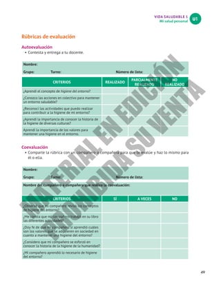 VIDA SALUDABLE 1
Mi salud personal
U1
49
Rúbricas de evaluación
Autoevaluación
•	Contesta y entrega a tu docente.
Nombre:						
Grupo: Turno: Número de lista:
CRITERIOS REALIZADO
PARCIALMENTE
REALIZADO
NO
REALIZADO
¿Aprendí el concepto de higiene del entorno?
¿Conozco las acciones en colectivo para mantener
un entorno saludable?
¿Reconocí las actividades que puedo realizar
para contribuir a la higiene de mi entorno?
¿Aprendí la importancia de conocer la historia de
la higiene de diversas culturas?
Aprendí la importancia de los valores para
mantener una higiene en el entorno.
Coevaluación
•	Comparte la rúbrica con un compañero o compañera para que te evalúe y haz lo mismo para
él o ella.
Nombre:						
Grupo: Turno: Número de lista:
Nombre del compañero o compañera que realiza la coevaluación:
CRITERIOS SÍ A VECES NO
¿Observé que mi compañero revisó los conceptos
de higiene del entorno?
¿Me consta que mi compañero trabajó en su libro
las diferentes actividades?
¿Doy fe de que mi compañero sí aprendió cuáles
son los valores que se adquieren en sociedad en
cuanto a mantener una higiene del entorno?
¿Considero que mi compañero se esforzó en
conocer la historia de la higiene de la humanidad?
¿Mi compañero aprendió lo necesario de higiene
del entorno?
M
A
T
E
R
I
A
L
E
N
E
D
I
C
I
Ó
N
P
R
O
H
I
B
I
D
A
S
U
V
E
N
T
A
 