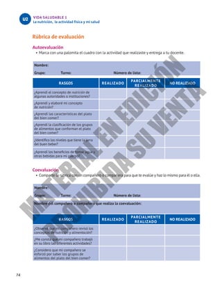 74
VIDA SALUDABLE 1
La nutrición, la actividad física y mi salud
U2
Rúbrica de evaluación
Autoevaluación
•	Marca con una palomita el cuadro con la actividad que realizaste y entrega a tu docente.
Nombre:						
Grupo: Turno: Número de lista:
RASGOS REALIZADO
PARCIALMENTE
REALIZADO
NO REALIZADO
¿Aprendí el concepto de nutrición de
algunas autoridades o instituciones?
¿Aprendí y elaboré mi concepto
de nutrición?
¿Aprendí las características del plato
del bien comer?
¿Aprendí la clasificación de los grupos
de alimentos que conforman el plato
del bien comer?
¿Identifico los niveles que tiene la jarra
del buen beber?
¿Aprendí los beneficios de tomar agua y
otras bebidas para mi cuerpo?
Coevaluación
•	Comparte la rúbrica con un compañero o compañera para que te evalúe y haz lo mismo para él o ella.
Nombre:						
Grupo: Turno: Número de lista:
Nombre del compañero o compañera que realiza la coevaluación:
RASGOS REALIZADO
PARCIALMENTE
REALIZADO
NO REALIZADO
¿Observé que mi compañero revisó los
conceptos de nutrición y alimentación?
¿Me consta que mi compañero trabajó
en su libro las diferentes actividades?
¿Considero que mi compañero se
esforzó por saber los grupos de
alimentos del plato del bien comer?
M
A
T
E
R
I
A
L
E
N
E
D
I
C
I
Ó
N
P
R
O
H
I
B
I
D
A
S
U
V
E
N
T
A
 