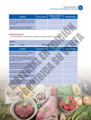 VIDA SALUDABLE 1
La nutrición, la actividad física y mi salud
U2
RASGOS REALIZADO
PARCIALMENTE
REALIZADO
NO REALIZADO
¿Observé que mi compañero analizó los
niveles y características de la jarra del
bien beber?
¿Estoy seguro de que mi compañero
aprendió lo necesario de nutrición?
Heteroevaluación
•	Para completar tu evaluación, entrega la siguiente rúbrica a tu profesor.
Nombre:						
Grupo: Turno: Número de lista:
RASGOS REALIZADO
PARCIALMENTE
REALIZADO
NO REALIZADO
¿Observé que el alumno puso debida
atención e interés en la clase?
¿Se observó que la alumna o alumno
participó en las actividades personales y
colectivas en clase?
¿Se pudo evidenciar que la alumna o
alumno participarón activamente de
forma oral y/o escrita para expresar los
conocimientos adquiridos?
¿La alumna o alumno entregó las
actividades de la clase a tiempo?
¿La alumna o alumno entregó las tareas
de la asignatura a tiempo?
¿la alumna o alumno demostró calidad y
buen contenido tanto en las actividades
en clase y/o tareas fuera de clase?
75
M
A
T
E
R
I
A
L
E
N
E
D
I
C
I
Ó
N
P
R
O
H
I
B
I
D
A
S
U
V
E
N
T
A
 