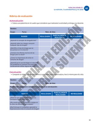 91
VIDA SALUDABLE 1
La nutrición, la actividad física y mi salud
U2
Rúbrica de evaluación
Autoevaluación
•	Coloca una palomita en el cuadro que consideres que realizaste la actividad y entrega a tu docente.
Nombre:						
Grupo: Turno: Núm. de lista:
RASGOS REALIZADO
PARCIALMENTE
REALIZADO
NO REALIZADO
¿Aprendí el concepto de drogadicción?
¿Aprendí sobre los riesgos consumir
cualquier tipo de drogas?
¿Identifico el tipo de drogas que se
encuentran en mi entorno?
¿Conozco los efectos nocivos de las
drogas para la salud?
¿Conocí la importancia de evitar el
consumo de drogas?
¿Aprendí que el uso de drogas no soluciona
mis problemas al contrario me traerá más
consecuencias utilizar alguna de ellas?
Coevaluación
•	Comparte la rúbrica con un compañero o compañera para que te evalúe y has lo mismo para él o ella.
Nombre:						
Grupo: Turno: Núm. de lista:
Nombre del compañero o compañera que realiza la coevaluación:
RASGOS REALIZADO
PARCIALMENTE
REALIZADO
NO REALIZADO
¿Observe que mi compañero reviso los
conceptos de drogadicción?
¿Me consta que mi compañero trabajo en
su libro las diferentes actividades?
¿Doy fe de que mi compañero aprendió la
importancia de evitar el consumo de drogas?
M
A
T
E
R
I
A
L
E
N
E
D
I
C
I
Ó
N
P
R
O
H
I
B
I
D
A
S
U
V
E
N
T
A
 