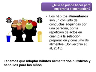 ¿Qué se puede hacer para
mejorar la alimentación?
• Los hábitos alimentarios
son un conjunto de
conductas adquiridas por
una persona, por la
repetición de actos en
cuanto a la selección,
preparación y consumo de
alimentos (Bonvecchio et
al, 2015).
Tenemos que adoptar hábitos alimentarios nutritivos y
sencillos para los niños.
 