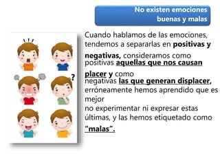Cuando hablamos de las emociones,
tendemos a separarlas en positivas y
negativas, consideramos como
positivas aquellas que nos causan
placer y como
negativas las que generan displacer,
erróneamente hemos aprendido que es
mejor
no experimentar ni expresar estas
últimas, y las hemos etiquetado como
“malas”.
No existen emociones
buenas y malas
 