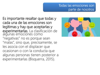 Es importante resaltar que todas y
cada una de las emociones son
legítimas y hay que aceptarlas y
experimentarlas. La clasificación de
algunas emociones como
“negativas” no es porque sean
“malas”, sino que, precisamente, se
les asocia con el displacer que
ocasionan o con la conducta que
algunas personas tienen posterior a
experimentarlas (Bisquerra, 2015).
Todas las emociones son
parte de nosotros
 