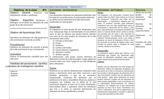 Primer Ciclo Módulo Ciencia Naturales.   Postítulo 2011 -I
       Objetivos de la clase       Nº3 Actividades del Estudiante                                                Actividades del Profesor                          Recursos
    Objetivo  General:    Promover   una Inicio:                                                                 Inicio:                                      Afiche con los siete
    alimentación variada y equilibrada.                Los educandos comentan sus alimentos preferidos, dan Les pregunta a los educandos ¿Cuántas veces grupos                  de
                                                       la razón de sus preferencias. A continuación observan   comen todos los días? ¿Qué comen en la hora alimentos         “olla
                                                       un afiche con los alimentos de la olla nutricional,     del desayuno? Construye una tabla con la nutricional”
    Objetivo        Específico: Reconocer y                                                                    información y experiencia relatada por los
    distinguir en un afiche los alimentos de cada      clasificados en siete grupos
                                                                                                               niños. El profesor consulta ¿Qué alimentos Recortes              de
    grupo de la olla nutricional.                                                                              consideras que son más importantes para el alimentos
    _____________________________                      Desarrollo:                                             crecimiento y desarrollo de los niños y ¿Por
                                                                                                                                                              (revistas         de
                                                       Se organizan en siete grupos de seis integrantes cada qué? ¿Qué alimentos se producen alrededor del
                                                                                                                                                              supermercados)
    Objetivo del Aprendizaje (OA)                      uno. Cada grupo elige un representante, el cual, deberá sector o comuna donde vives? ¿Cómo se siente
                                                       sacar al azar un número que tendrá directa relación una persona que no come o que consume en
                                                                                                                                                              Pegamento         en
                                                       con unos de los siete grupos de alimentos de la olla forma excesiva los alimentos de alto índice
    Identificar los alimentos de cada grupo de la                                                              calórico? Posteriormente, invita a los niños a barra
                                                       nutricional, tales como;
    olla nutricional a través de un afiche.                                                                    preparar un menú de desayuno. Previo a ello,
                                                           1) Cereales y derivados
                                                                                                               les recuerda las normas de higiene tales como Cartulina de color
                                                           2) Frutas
    Procedimental                                                                                              lavados de manos antes y después de cada (siete            colores
                                                           3) Verduras                                         comida, cepillarse los dientes.
    Clasificar los alimentos de acuerdo al grupo                                                                                                              diferentes)
                                                           4) Leches y derivados
    de la olla nutricional al que corresponda.             5) Carnes, huevos y legumbres
                                                                                                               Desarrollo:
                                                           6) Azúcares o mieles                                La profesora reparte jabón gel. Solicita a los
    Actitudinal                                            7) Aceites o grasas                                 educando que saquen sus materiales tales
    Valorar la alimentación saludable para una         A continuación, cada grupo recorta alimentos de como; su individual, utensilios, vaso, yogurt,
    vida sana.                                         diferentes revistas de supermercados. Luego, pegan los frutos. Supervisa la preparación del menú.
                                                       recortes sobre una hoja o papel de un color designado Cierre:
     Habilidad del pensamiento científico              para cada grupo.
y procesos de investigación científica                                                                           Analiza con los educandos los siete grupos de
                                                       Cierre:                                                   alimentos. Utiliza las siguientes preguntas ¿En
    -Observar                                          Nombran en voz alta los alimentos que componen cada       qué parte de la olla se encuentra representado
    -Preguntar                                         grupo y mencionan otros que ellos conozcan y que          los cereales y demás grupos de alimentos de la
    -Registrar                                         también pertenecen o que no se encuentra                  olla nutricional? ¿Cuáles son los alimentos de
                                                       representado. Comentan los alimentos que se               cada grupo? ¿Qué otros alimentos de estos
                                                       producen en la zona o comunidad. Observan, analizan y     grupos conocen? ¿Cuáles son los alimentos de
                                                       comparan sus trabajos con el afiche de la olla            estos grupos disponibles o que se producen en
                                                                                                                 la comunidad? Posteriormente, les solicita
                                                       nutricional expuesta al inicio de la clase: Finalmente,
                                                                                                                 comparar sus trabajos con la olla nutricional
                                                       intercambias ideas y opiniones sobre los beneficios       expuesta al inicio de la clase. Finalmente, los
                                                       que trae a la salud, el consumir diariamente los          invita a reflexionar ¿Por qué es importante una
                                                       alimentos de forma equilibrada y variada.                 alimentación balanceada y variada? y ¿Qué fue
                                                                                                                 lo que más aprendió en esta clase?
 