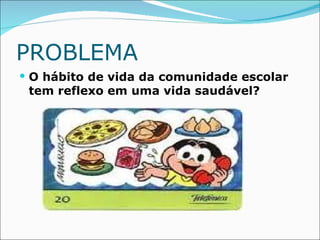 PROBLEMA
 O hábito de vida da comunidade escolar
 tem reflexo em uma vida saudável?
 