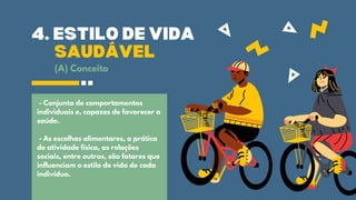 SAUDÁVEL
4. ESTILO DE VIDA
- Conjunto de comportamentos
individuais e, capazes de favorecer a
saúde.
- As escolhas alimentares, a prática
de atividade física, as relações
sociais, entre outros, são fatores que
influenciam o estilo de vida de cada
indivíduo.
(A) Conceito
 