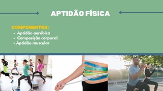 APTIDÃO FÍSICA
COMPONENTES:
Aptidão aeróbica
Composição corporal
Aptidão muscular
 