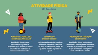 AUMENTO DA FORÇA E DA
RESISTÊNCIA MUSCULAR
Atividades físicas como
musculação, ajudam a
aumentar ou a manter a massa
muscular e a fortalecer a
resistência dos músculos.
COMBATE DO
EXCESSO DE PESO
Atividades físicas são a melhor
forma de combater o excesso
de peso ou obesidade, além de
ajudar a manter a perda de
peso.
PROMOÇÃO DA SENSAÇÃO
DE BEM-ESTAR
Atividades físicas estimulam a
produção e libertação de endorfina,
que tem ação analgésica no corpo,
o que promove a sensação de
bem-estar físico e mental.
ATIVIDADE FÍSICA
(B) Benefícios
 
