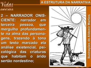 A ESTRUTURA DA NARRATIVAA ESTRUTURA DA NARRATIVA
2 – NARRADOR ONIS-2 – NARRADOR ONIS-
CIENTE: narrador emCIENTE: narrador em
terceira pessoa, queterceira pessoa, que
mergulha profundamen-mergulha profundamen-
te na alma das persona-te na alma das persona-
gens, trazendo à tonagens, trazendo à tona
um texto marcado elaum texto marcado ela
análise existencial, psi-análise existencial, psi-
cológica das criaturascológica das criaturas
que habitam o áridoque habitam o árido
sertão nordestino;sertão nordestino;
IlustraçõesdeAldemirMartinsIlustraçõesdeAldemirMartins
 