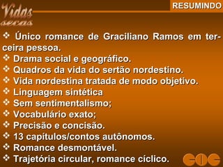 RESUMINDORESUMINDO
 Único romance de Graciliano Ramos em ter-Único romance de Graciliano Ramos em ter-
ceira pessoa.ceira pessoa.
 Drama social e geográfico.Drama social e geográfico.
 Quadros da vida do sertão nordestino.Quadros da vida do sertão nordestino.
 Vida nordestina tratada de modo objetivo.Vida nordestina tratada de modo objetivo.
 Linguagem sintéticaLinguagem sintética
 Sem sentimentalismo;Sem sentimentalismo;
 Vocabulário exato;Vocabulário exato;
 Precisão e concisão.Precisão e concisão.
 13 capítulos/contos autônomos.13 capítulos/contos autônomos.
 Romance desmontável.Romance desmontável.
 Trajetória circular, romance cíclico.Trajetória circular, romance cíclico.
 