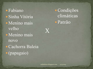  Fabiano
 Sinha Vitória
 Menino mais
velho
 Menino mais
novo
 Cachorra Baleia
 (papagaio)
 Condições
climáticas
 Patrão
X
21/9/2013rafabebum.blogspot.com
 