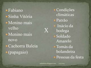  Fabiano
 Sinha Vitória
 Menino mais
velho
 Menino mais
novo
 Cachorra Baleia
 (papagaio)
 Condições
climáticas
 Patrão
 Inácio da
bodega
 Soldado
Amarelo
 Tomás da
bolandeira
 Pessoas da festa
X
21/9/2013rafabebum.blogspot.com
 
