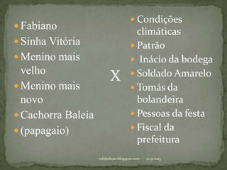  Fabiano
 Sinha Vitória
 Menino mais
velho
 Menino mais
novo
 Cachorra Baleia
 (papagaio)
 Condições
climáticas
 Patrão
 Inácio da bodega
 Soldado Amarelo
 Tomás da
bolandeira
 Pessoas da festa
 Fiscal da
prefeitura
X
21/9/2013rafabebum.blogspot.com
 