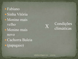  Fabiano
 Sinha Vitória
 Menino mais
velho
 Menino mais
novo
 Cachorra Baleia
 (papagaio)
X
21/9/2013rafabebum.blogspot.com
Condições
climáticas
 