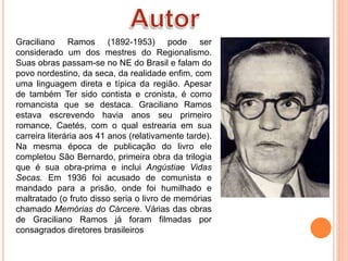 Graciliano Ramos (1892-1953) pode ser
considerado um dos mestres do Regionalismo.
Suas obras passam-se no NE do Brasil e falam do
povo nordestino, da seca, da realidade enfim, com
uma linguagem direta e típica da região. Apesar
de também Ter sido contista e cronista, é como
romancista que se destaca. Graciliano Ramos
estava escrevendo havia anos seu primeiro
romance, Caetés, com o qual estrearia em sua
carreira literária aos 41 anos (relativamente tarde).
Na mesma época de publicação do livro ele
completou São Bernardo, primeira obra da trilogia
que é sua obra-prima e inclui Angústiae Vidas
Secas. Em 1936 foi acusado de comunista e
mandado para a prisão, onde foi humilhado e
maltratado (o fruto disso seria o livro de memórias
chamado Memórias do Cárcere. Várias das obras
de Graciliano Ramos já foram filmadas por
consagrados diretores brasileiros
 