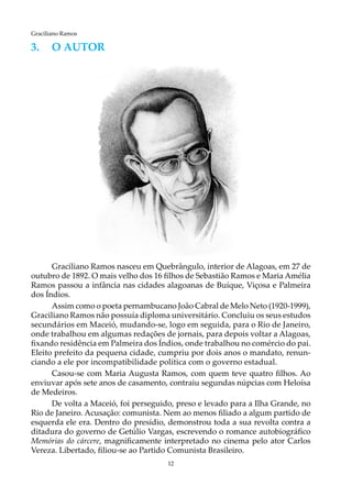 12
Graciliano Ramos
3.	O AUTOR
Graciliano Ramos nasceu em Quebrângulo, interior de Alagoas, em 27 de
outubro de 1892. O mais velho dos 16 filhos de Sebastião Ramos e Maria Amélia
Ramos passou a infância nas cidades alagoanas de Buíque, Viçosa e Palmeira
dos Índios.
Assim como o poeta pernambucano João Cabral de Melo Neto (1920-1999),
Graciliano Ramos não possuía diploma universitário. Concluiu os seus estudos
secundários em Maceió, mudando-se, logo em seguida, para o Rio de Janeiro,
onde trabalhou em algumas redações de jornais, para depois voltar a Alagoas,
fixando residência em Palmeira dos Índios, onde trabalhou no comércio do pai.
Eleito prefeito da pequena cidade, cumpriu por dois anos o mandato, renun-
ciando a ele por incompatibilidade política com o governo estadual.
Casou-se com Maria Augusta Ramos, com quem teve quatro filhos. Ao
enviuvar após sete anos de casamento, contraiu segundas núpcias com Heloísa
de Medeiros.
De volta a Maceió, foi perseguido, preso e levado para a Ilha Grande, no
Rio de Janeiro. Acusação: comunista. Nem ao menos filiado a algum partido de
esquerda ele era. Dentro do presídio, demonstrou toda a sua revolta contra a
ditadura do governo de Getúlio Vargas, escrevendo o romance autobiográfico
Memórias do cárcere, magnificamente interpretado no cinema pelo ator Carlos
Vereza. Libertado, filiou-se ao Partido Comunista Brasileiro.
 