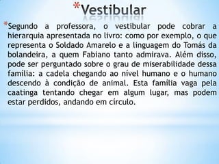 *
*Segundo a professora, o vestibular pode cobrar a
hierarquia apresentada no livro: como por exemplo, o que
representa o Soldado Amarelo e a linguagem do Tomás da
bolandeira, a quem Fabiano tanto admirava. Além disso,
pode ser perguntado sobre o grau de miserabilidade dessa
família: a cadela chegando ao nível humano e o humano
descendo à condição de animal. Esta família vaga pela
caatinga tentando chegar em algum lugar, mas podem
estar perdidos, andando em círculo.
 