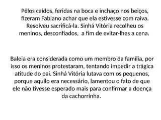 Pêlos caídos, feridas na boca e inchaço nos beiços,
fizeram Fabiano achar que ela estivesse com raiva.
Resolveu sacrificá-la. Sinhá Vitória recolheu os
meninos, desconfiados, a fim de evitar-lhes a cena.
Baleia era considerada como um membro da família, por
isso os meninos protestaram, tentando impedir a trágica
atitude do pai. Sinhá Vitória lutava com os pequenos,
porque aquilo era necessário, lamentou o fato de que
ele não tivesse esperado mais para confirmar a doença
da cachorrinha.
 