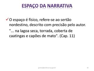O espaço é físico, refere-se ao sertão
nordestino, descrito com precisão pelo autor.
"... na lagoa seca, torrada, coberta de
caatingas e capões de mato". (Cap. 11)
18gomes@professor.sp.gov.br
 