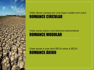 Vidas Secas começa por uma fuga e acaba com outra:
ROMANCE CIRCULAR
Vidas secas possui uma estrutura desmontável:
ROMANCE MODULAR
Vidas secas é uma obra SECA sobre a SECA:
ROMANCE ÁRIDO
 