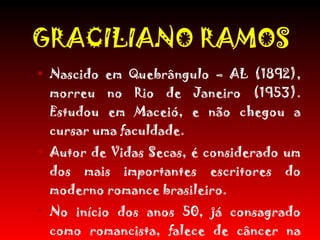 GRACILIANO RAMOS Nascido em Quebrângulo – AL (1892), morreu no Rio de Janeiro (1953). Estudou em Maceió, e não chegou a cursar uma faculdade. Autor de Vidas Secas, é considerado um dos mais importantes escritores do moderno romance brasileiro. No início dos anos 50, já consagrado como romancista, falece de câncer na capital carioca. 