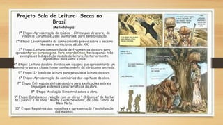 Projeto Sala de Leitura: Secas no
Brasil
Metodologia:
1ª Etapa: Apresentação da música – Último pau de arara, de
Venâncio Corumbá e José Guimarães, para sensibilização.
2ª Etapa: Levantamento do conhecimento prévio sobre a seca no
Nordeste no inicio do século XX.
3ª Etapa: Leitura compartilhada de fragmentos da obra para
apresentar os personagens. Para empréstimos, havia apenas três
exemplares à disposição na sala de leitura. Posteriormente.
imprimimos mais vinte e dois.
4ª Etapa: Leitura da obra dividida em equipes que apresentarão um
seminário para a classe tomar conhecimento da obra como um todo.
5ª Etapa: Ir à sala de leitura para pesquisa e leitura da obra.
6º Etapa: Apresentação de seminários dos capítulos da obra.
7º Etapa: Entrega da síntese da obra para explicações sobre a
linguagem e demais características da obra.
8º  Etapa: Avaliação Bimestral sobre a obra.
9º Etapa: Estabelecer relação com as obras “ O Quinze” de Rachel
de Queiroz e da obra “ Morte e vida Severina”, de João Cabral de
Melo Neto.
10º Etapa: Registros dos trabalhos e apresentação / socialização
dos mesmos.
 
