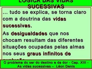 ... tudo se explica, se torna claro... tudo se explica, se torna claro
com a doutrina dascom a doutrina das vidasvidas
sucessivas.sucessivas.
AsAs desigualdadesdesigualdades que nosque nos
chocam resultam das diferenteschocam resultam das diferentes
situações ocupadas pelas almassituações ocupadas pelas almas
nos seusnos seus graus infinitos degraus infinitos de
evoluçãoevolução..
LÓGICA DAS VIDASLÓGICA DAS VIDAS
SUCESSIVASSUCESSIVAS
O problema do ser do destino e da dor - Cap. XIII -O problema do ser do destino e da dor - Cap. XIII -
As vidas sucessivas – Léon DenisAs vidas sucessivas – Léon Denis
 