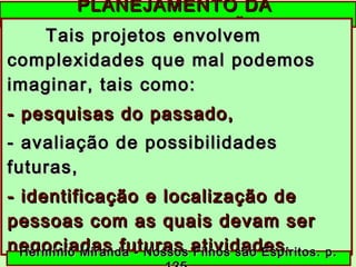 PLANEJAMENTO DAPLANEJAMENTO DA
REENCARNAÇÃOREENCARNAÇÃO
Tais projetos envolvemTais projetos envolvem
complexidades que mal podemoscomplexidades que mal podemos
imaginar, tais como:imaginar, tais como:
- pesquisas do passado,- pesquisas do passado,
- avaliação de possibilidades- avaliação de possibilidades
futuras,futuras,
- identificação e localização de- identificação e localização de
pessoas com as quais devam serpessoas com as quais devam ser
negociadas futuras atividades,negociadas futuras atividades,Hermínio Miranda - Nossos Filhos são Espíritos. p.Hermínio Miranda - Nossos Filhos são Espíritos. p.
 