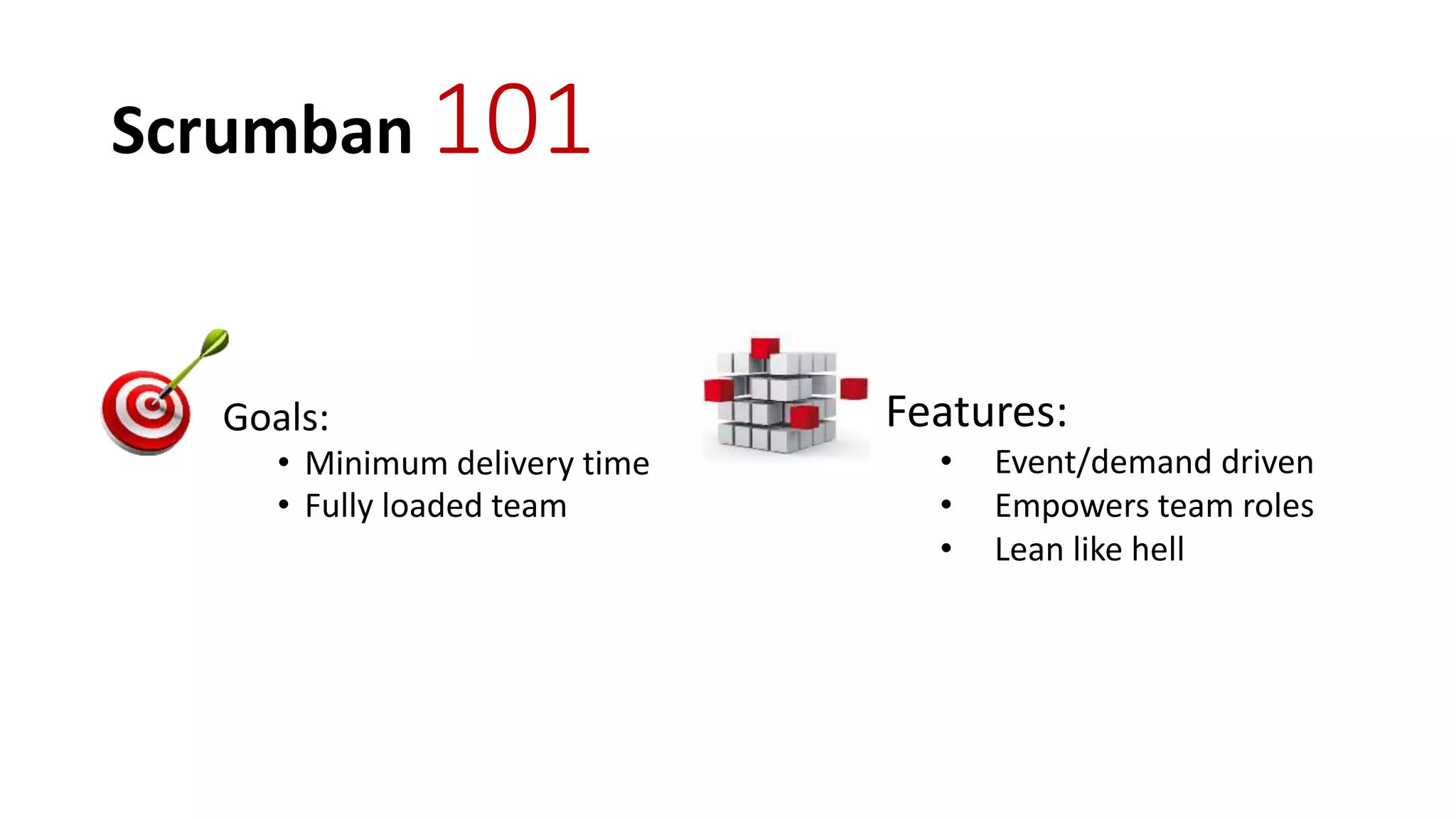 Scrumban 101
Goals:
• Minimum delivery time
• Fully loaded team
Features:
• Event/demand driven
• Empowers team roles
• Lean like hell
 