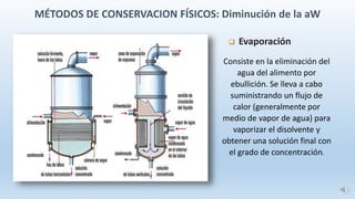  Evaporación
MÉTODOS DE CONSERVACION FÍSICOS: Diminución de la aW
Consiste en la eliminación del
agua del alimento por
ebullición. Se lleva a cabo
suministrando un flujo de
calor (generalmente por
medio de vapor de agua) para
vaporizar el disolvente y
obtener una solución final con
el grado de concentración.
 