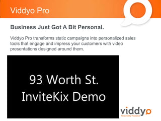 viddyo.com
Viddyo Pro
Business Just Got A Bit Personal.
Viddyo Pro transforms static campaigns into personalized sales
too...